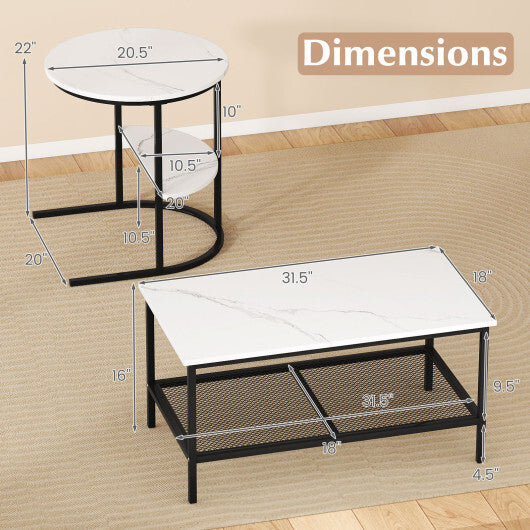 Coffee Table Set of 2 2-Tier Rectangle Coffee Table and Side End Table with Storage Shelves-White W2B