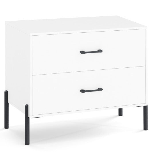 Modern Wooden 2-Drawer Nightstand with Metal Legs and Handles-White