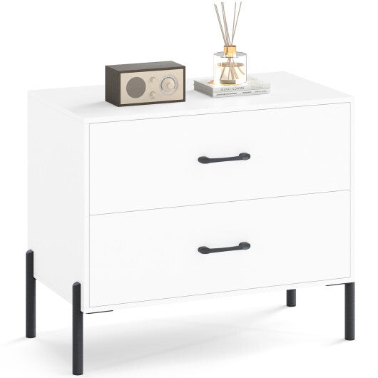 Modern Wooden 2-Drawer Nightstand with Metal Legs and Handles-White