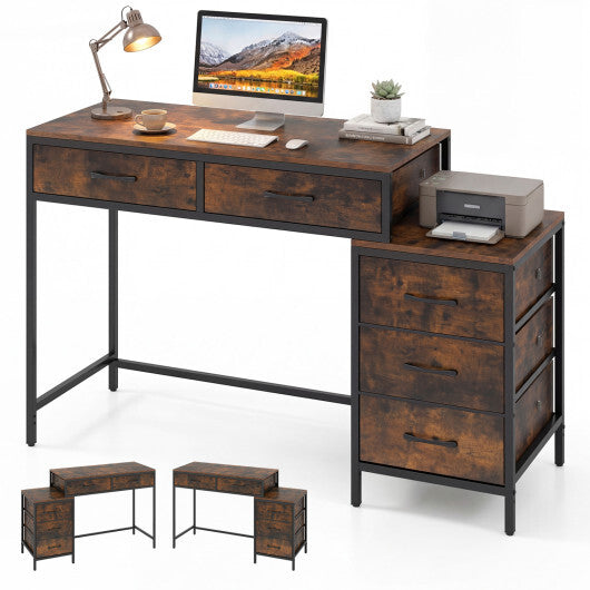 Computer Desk with 5 Drawers and Printer Stand for Bedroom and Small Spaces-Rustic Brown W2B