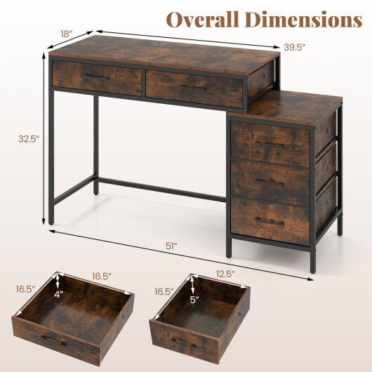 Computer Desk with 5 Drawers and Printer Stand for Bedroom and Small Spaces-Rustic Brown W2B