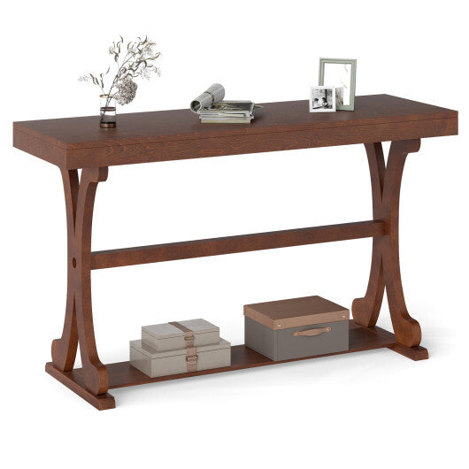 Narrow Console Table Vintage 52 Inch Long with Open Storage Shelf-Walnut W2B