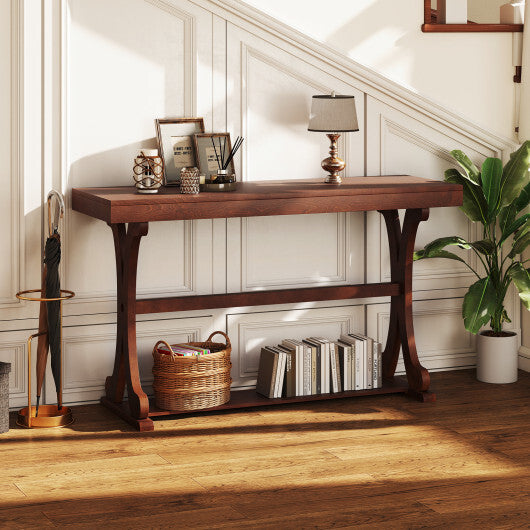 Narrow Console Table Vintage 52 Inch Long with Open Storage Shelf-Walnut W2B