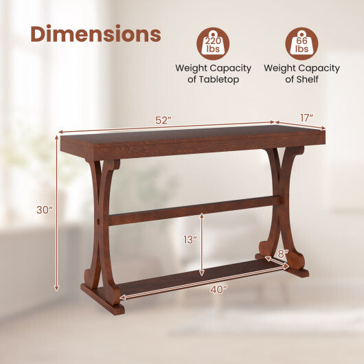 Narrow Console Table Vintage 52 Inch Long with Open Storage Shelf-Walnut W2B