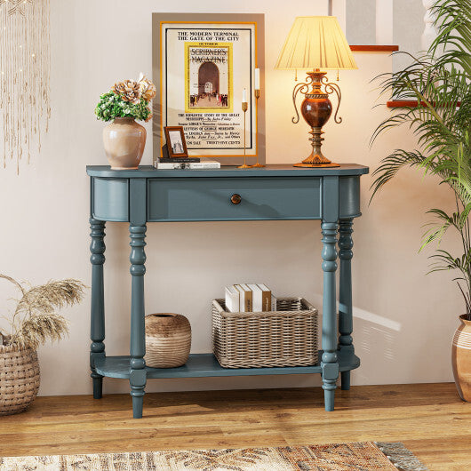 Retro Console Table36"L Wooden 2-Tier Narrow Behind Couch Foyer Table-Blue