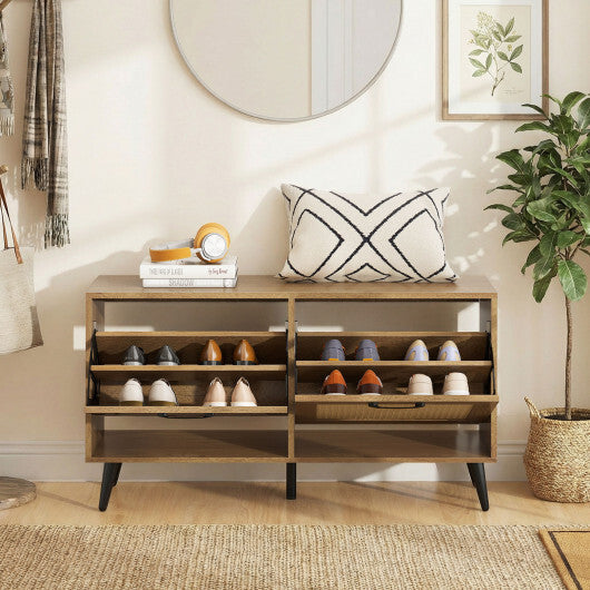 Modern Freestanding Shoe Cabinet with 2 Flip Drawers and Adjustable Shelves for Entryway-Natural W2B