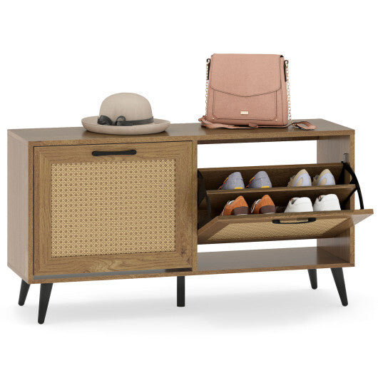 Modern Freestanding Shoe Cabinet with 2 Flip Drawers and Adjustable Shelves for Entryway-Natural W2B