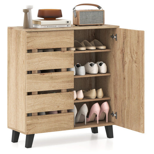 4-Tier Shoe Cabinet 2-Door Storage Organizer with Louvered Door-Natural W2B