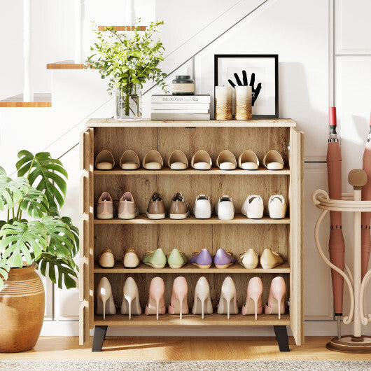 4-Tier Shoe Cabinet 2-Door Storage Organizer with Louvered Door-Natural W2B