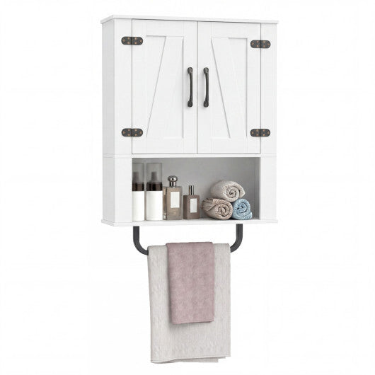 Bathroom Wall Cabinet with 2 Barn Doors and Towel Bar and 3-Tier Wooden Storage-White W2B