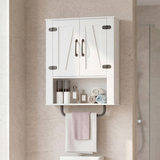 Bathroom Wall Cabinet with 2 Barn Doors and Towel Bar and 3-Tier Wooden Storage-White W2B