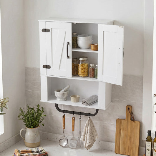 Bathroom Wall Cabinet with 2 Barn Doors and Towel Bar and 3-Tier Wooden Storage-White W2B