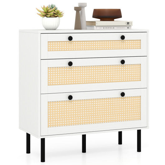 3-Drawer Rattan Nightstand Boho Chest of Drawers for Bedroom-White W2B