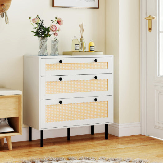3-Drawer Rattan Nightstand Boho Chest of Drawers for Bedroom-White W2B