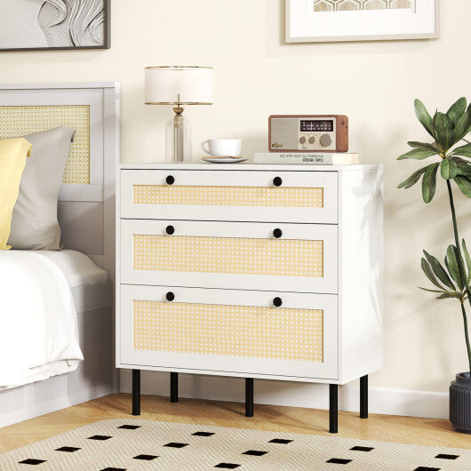 3-Drawer Rattan Nightstand Boho Chest of Drawers for Bedroom-White W2B