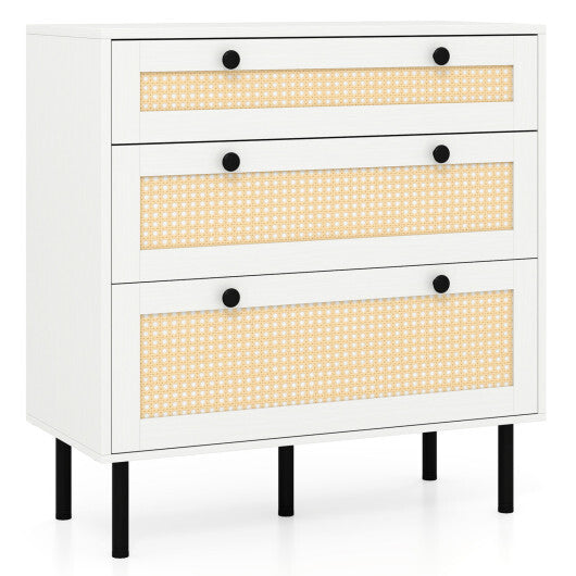 3-Drawer Rattan Nightstand Boho Chest of Drawers for Bedroom-White W2B