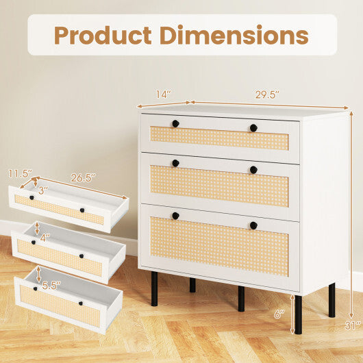3-Drawer Rattan Nightstand Boho Chest of Drawers for Bedroom-White W2B