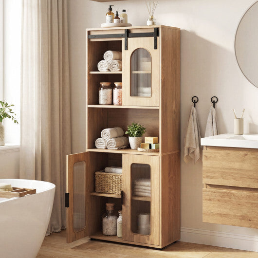 Farmhouse Bathroom Floor Cabinet with Sliding Barn Door-Natural W2B