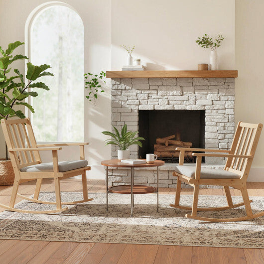 Rocking Chair with Cushion Solid Rubber Wood Rocker with Padded Seat-Natural