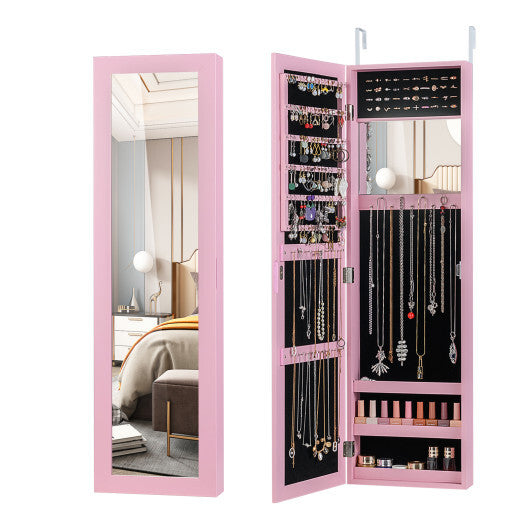 Full Length Mirror Jewelry Cabinet with Ring Slots and Necklace Hooks-Rustic Brown W2B