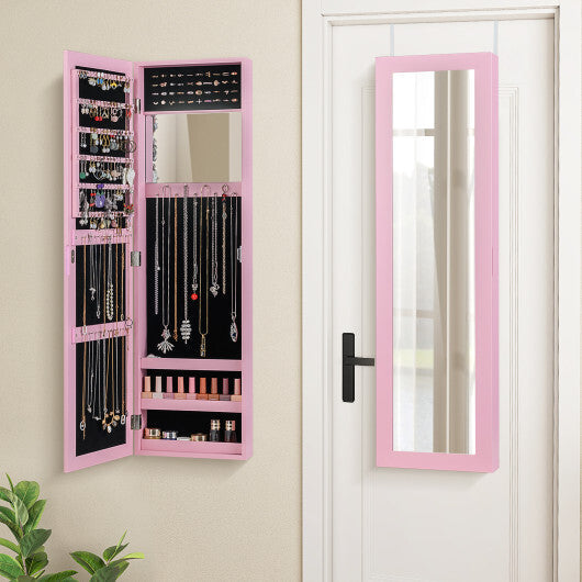 Full Length Mirror Jewelry Cabinet with Ring Slots and Necklace Hooks-Rustic Brown W2B
