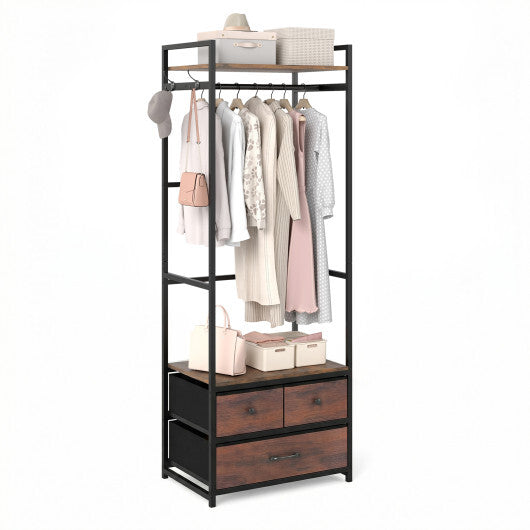 Clothes Rack with Drawers and Shelves with Side Hooks and Metal Frame-Rustic Brown W2B