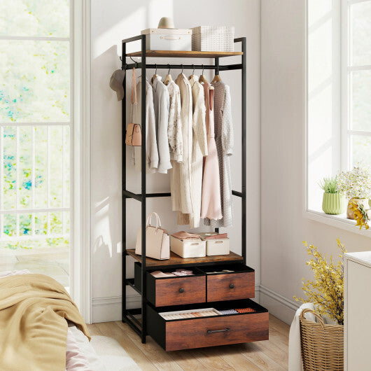 Clothes Rack with Drawers and Shelves with Side Hooks and Metal Frame-Rustic Brown W2B