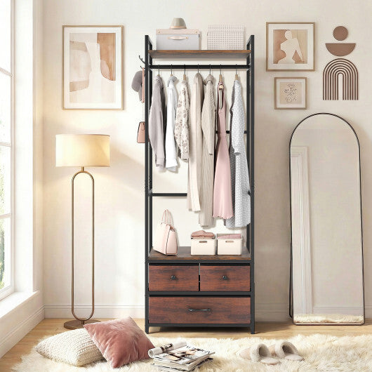 Clothes Rack with Drawers and Shelves with Side Hooks and Metal Frame-Rustic Brown W2B