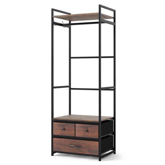 Clothes Rack with Drawers and Shelves with Side Hooks and Metal Frame-Rustic Brown W2B