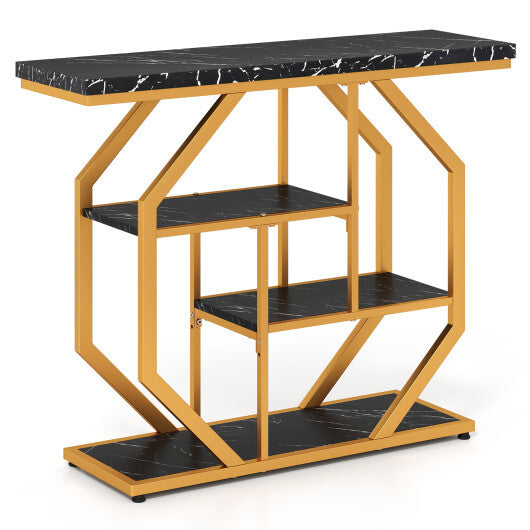 Modern Sofa Table Behind Couch 4-Tier Console Table with Faux Marble Tabletop-Black W2B