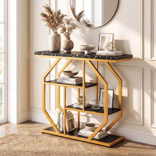 Modern Sofa Table Behind Couch 4-Tier Console Table with Faux Marble Tabletop-Black W2B