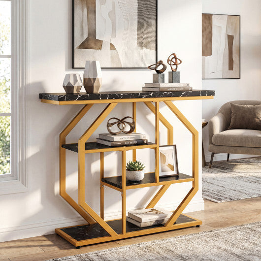 Modern Sofa Table Behind Couch 4-Tier Console Table with Faux Marble Tabletop-Black W2B