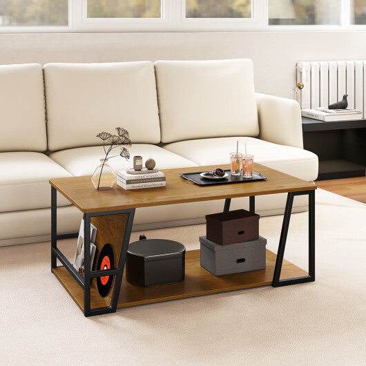 Rectangle Coffee Table 2-tier Industrial Accent Table with Storage Shelf and Compartment-Natural