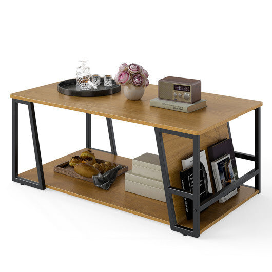 Rectangle Coffee Table 2-tier Industrial Accent Table with Storage Shelf and Compartment-Natural