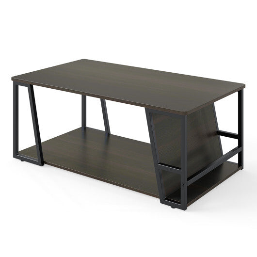Rectangle Coffee Table 2-tier Industrial Accent Table with Storage Shelf and Compartment-Natural
