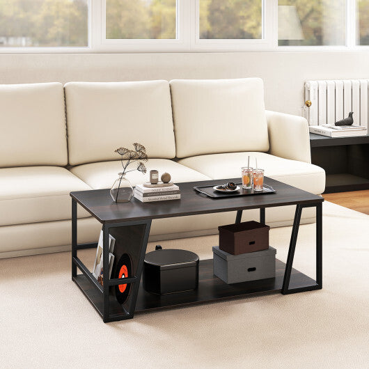 Rectangle Coffee Table 2-tier Industrial Accent Table with Storage Shelf and Compartment-Natural