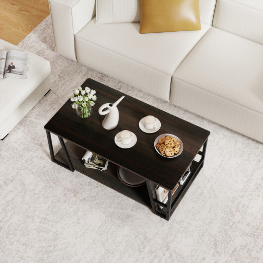 Rectangle Coffee Table 2-tier Industrial Accent Table with Storage Shelf and Compartment-Natural