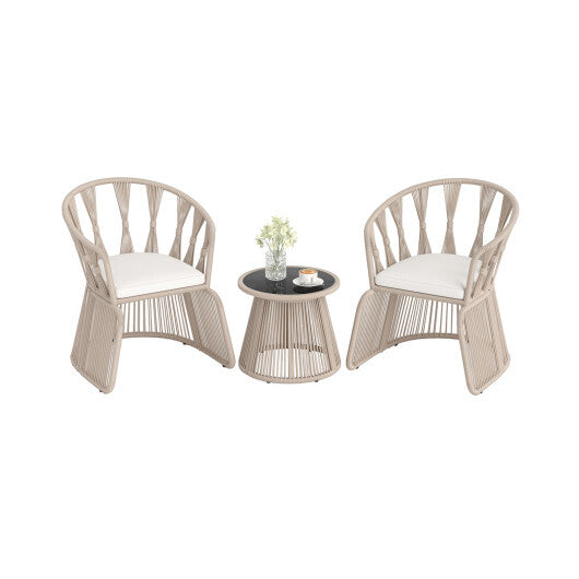 3 Pieces Patio Leisure Chair Set with Rope-Woven Armchairs and Seat Cushions-Off White