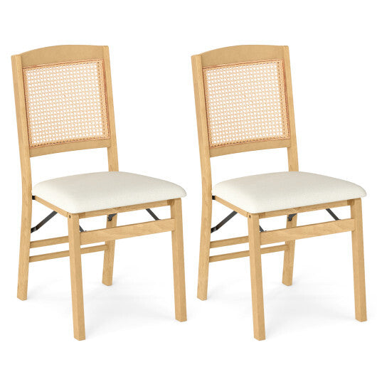 Folding Dining Chairs Set of 2 Rubber Wood Chairs with Linen Padded Seat-Natural