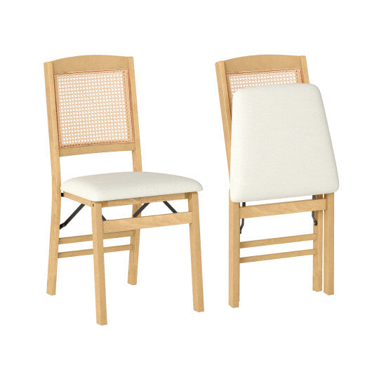 Folding Dining Chairs Set of 2 Rubber Wood Chairs with Linen Padded Seat-Natural