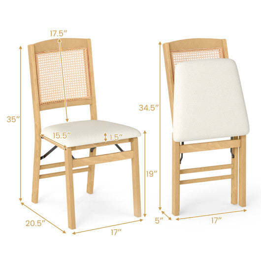 Folding Dining Chairs Set of 2 Rubber Wood Chairs with Linen Padded Seat-Natural