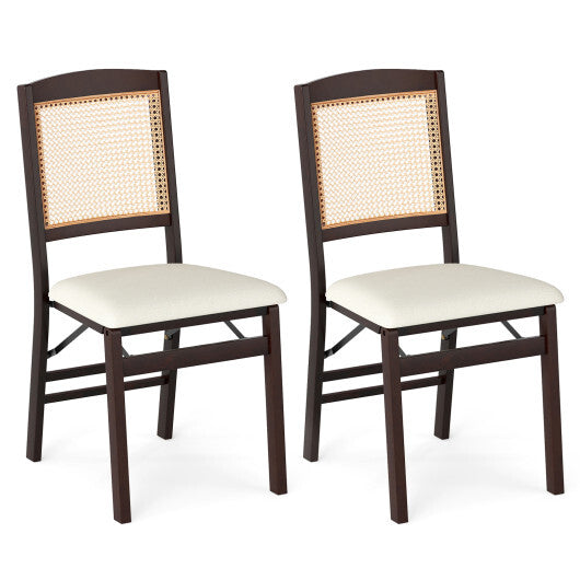 Folding Dining Chairs Set of 2 Rubber Wood Chairs with Linen Padded Seat-Natural