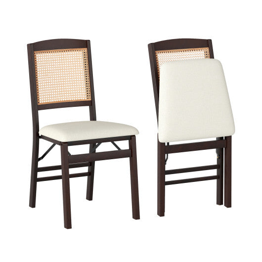 Folding Dining Chairs Set of 2 Rubber Wood Chairs with Linen Padded Seat-Natural