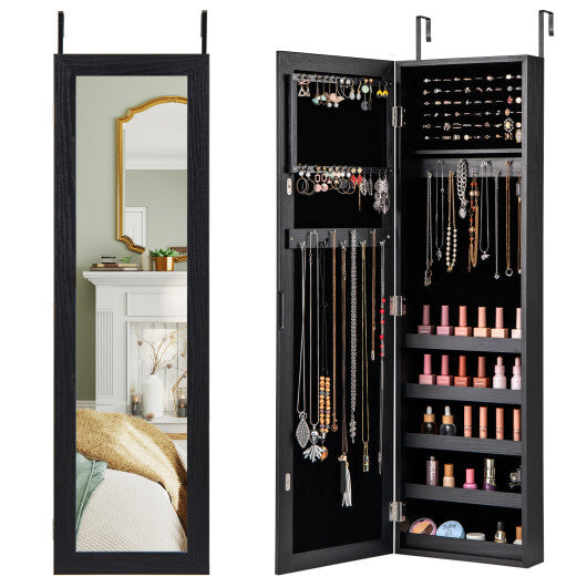 Jewelry Cabinet Wall or Door Mounted Jewelry Armoire with Full-Length Mirror-Black W2B