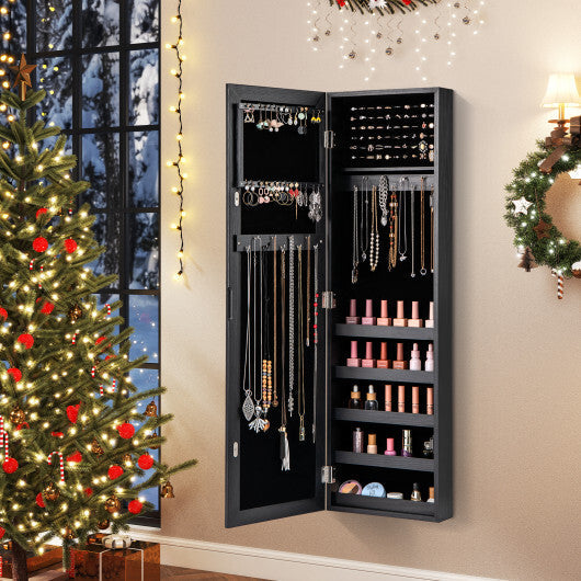 Jewelry Cabinet Wall or Door Mounted Jewelry Armoire with Full-Length Mirror-Black W2B
