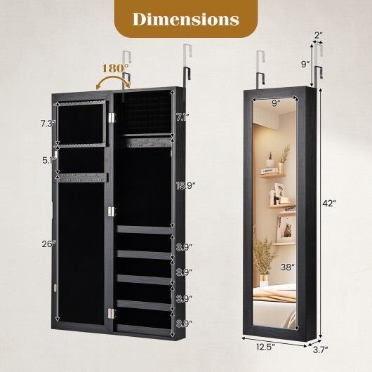 Jewelry Cabinet Wall or Door Mounted Jewelry Armoire with Full-Length Mirror-Black W2B