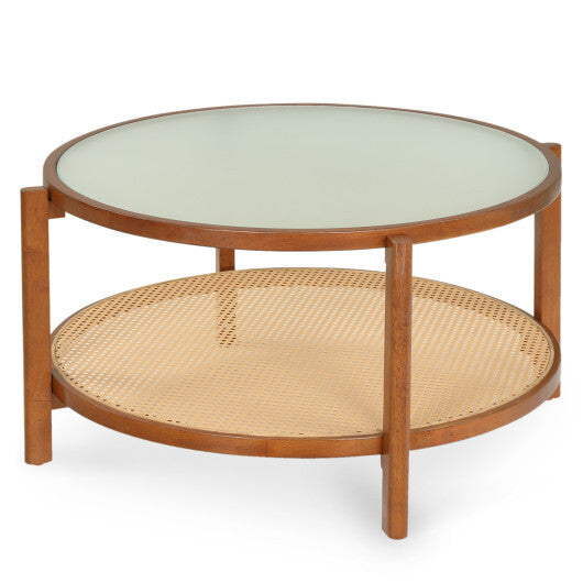 2-Tier Rattan Coffee Table with Frosted Tempered Glass Top and Wood Legs-Walnut W2B