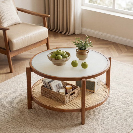 2-Tier Rattan Coffee Table with Frosted Tempered Glass Top and Wood Legs-Walnut W2B