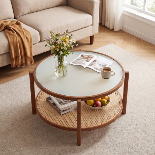 2-Tier Rattan Coffee Table with Frosted Tempered Glass Top and Wood Legs-Walnut W2B