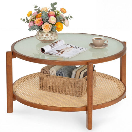 2-Tier Rattan Coffee Table with Frosted Tempered Glass Top and Wood Legs-Walnut W2B